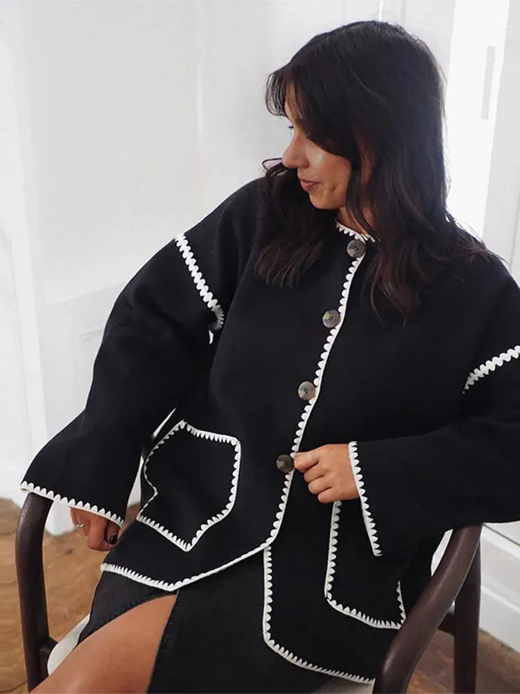 Contrast O Neck Loose Elegant Long Sleeves Winter New Stylish Fashionable Coat