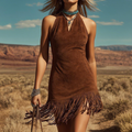 Faux Suede Fringe Mini Dress Halter Neck Boho Style Women's Summer Dress With Tassel Hem