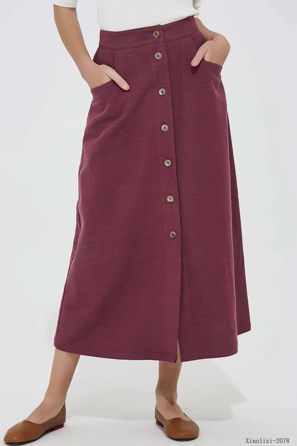 Wine Red Linen Midi Skirt - Button Front Fitted Waist 