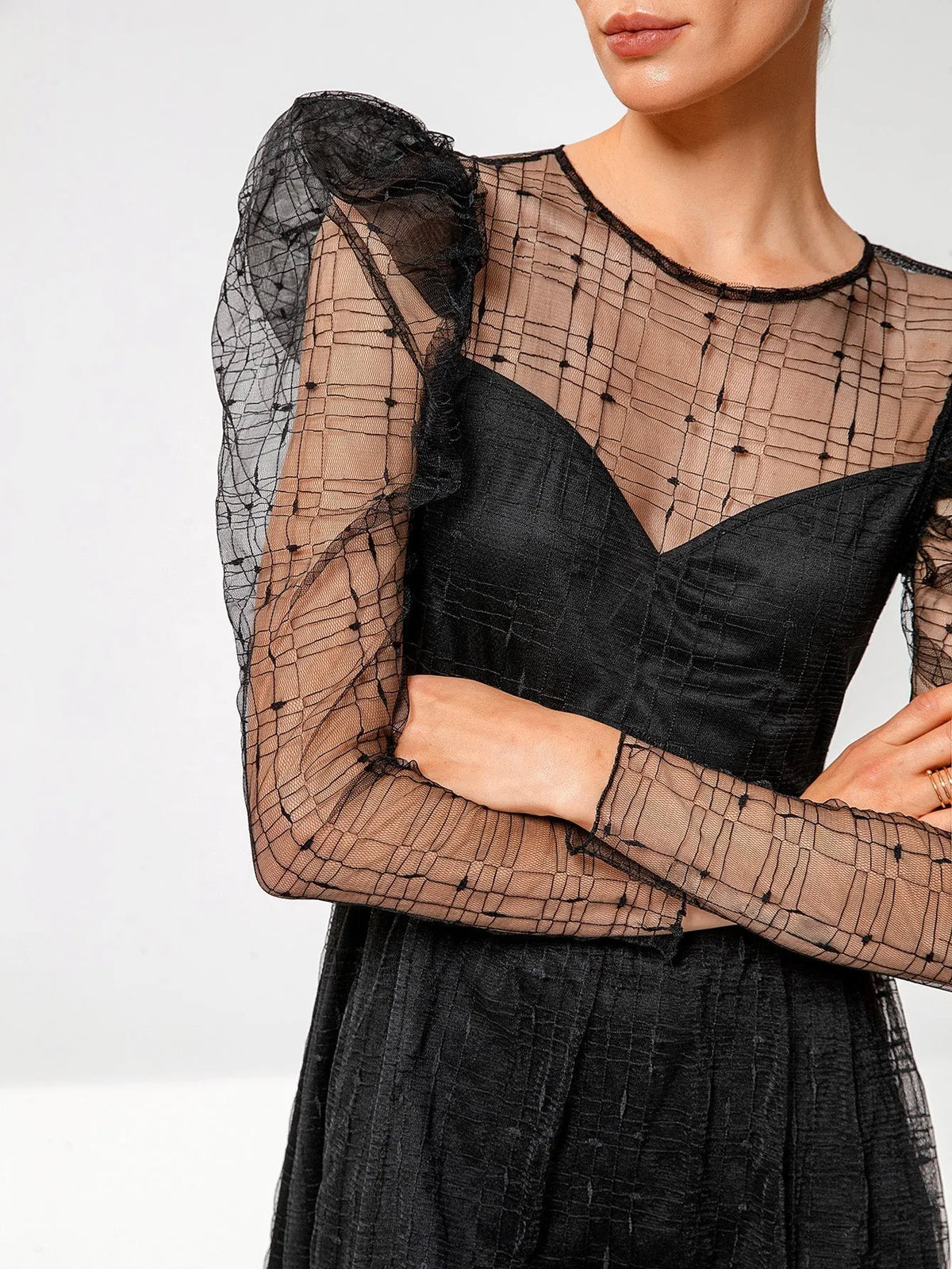 KittenAlarm - Women Fashion See Through sexy butterfly dot embroidery lace dress short skirt Gigot sleeve dress