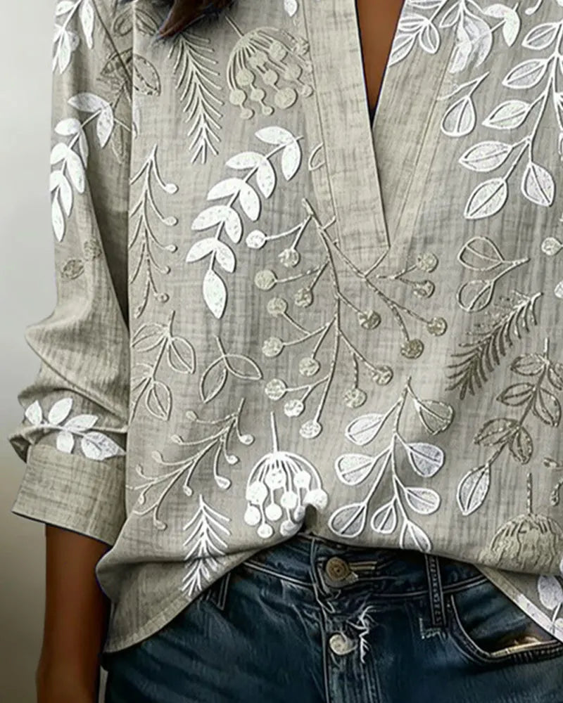 Women's V-Neck Floral Embroidered Blouse, Long Sleeve Notch Collar Linen Blend Top