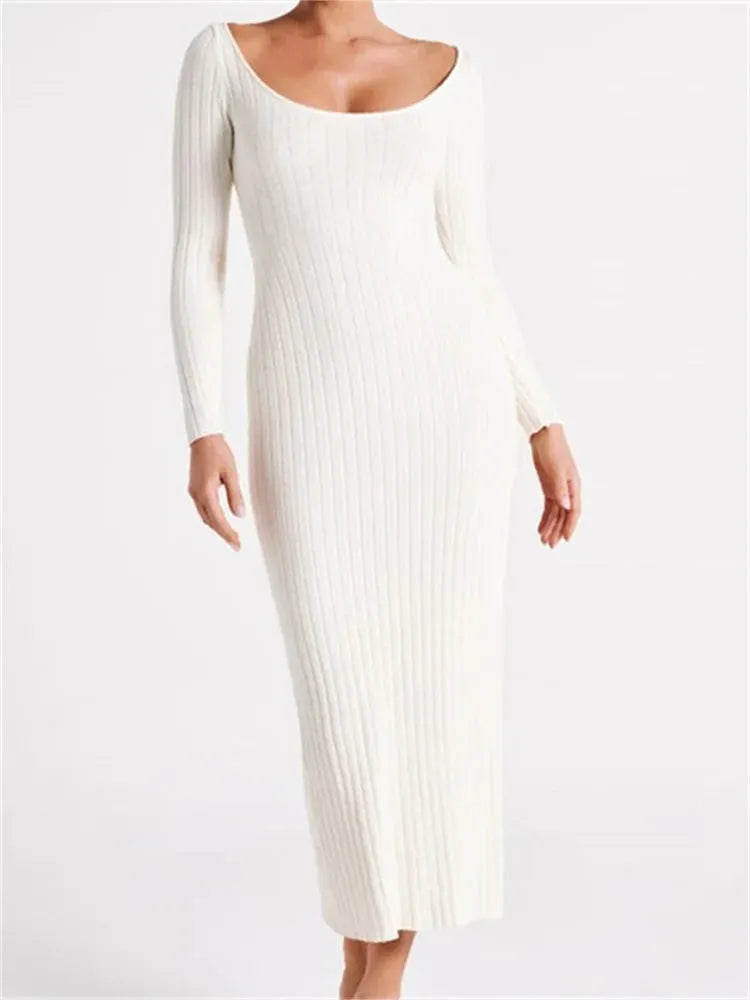 Women Knitted Bodycon Solid Color Ribbed Round Neck Sleeve Side Split Spring Fall Vestidos