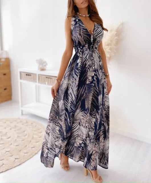 Sexy Deep V-Neck Ankle-Length Beach Party Dress