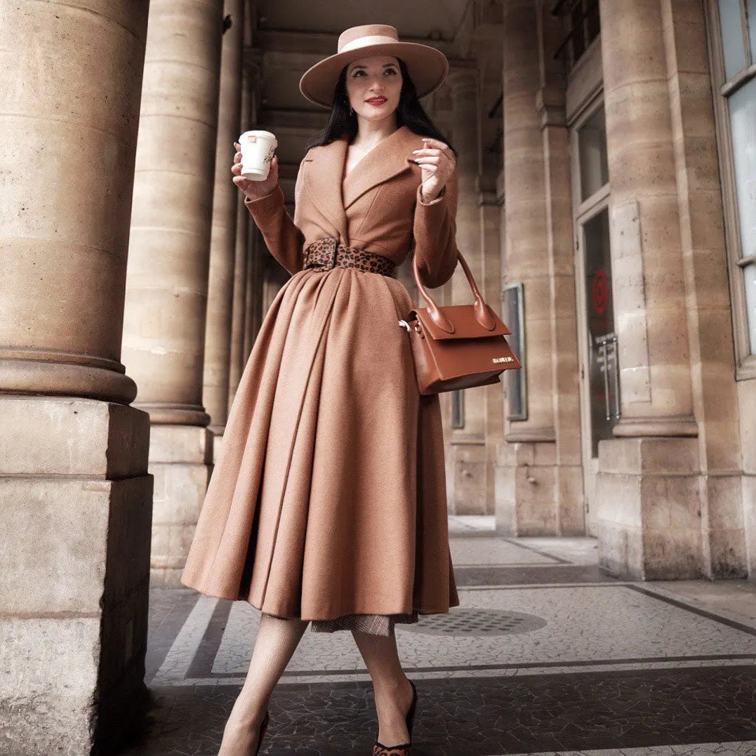 Elegant Camel Wool Blend Coat – Handmade Fit & Flare Midi Winter Coat 