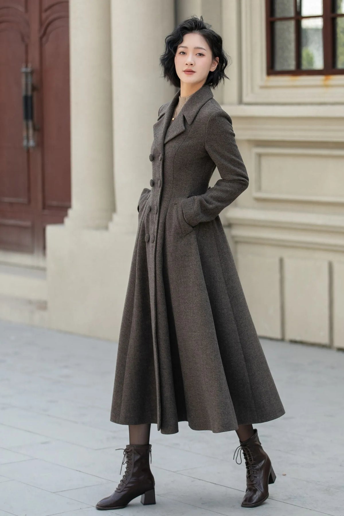Chocolate Brown Wool Maxi Coat - Vintage Double-Breasted Fitted Waist 5460