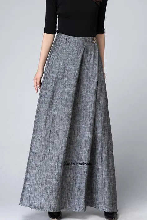 Grey Linen Cotton Maxi Skirt – Women’s High Waist Pleated Long Skirt 1506