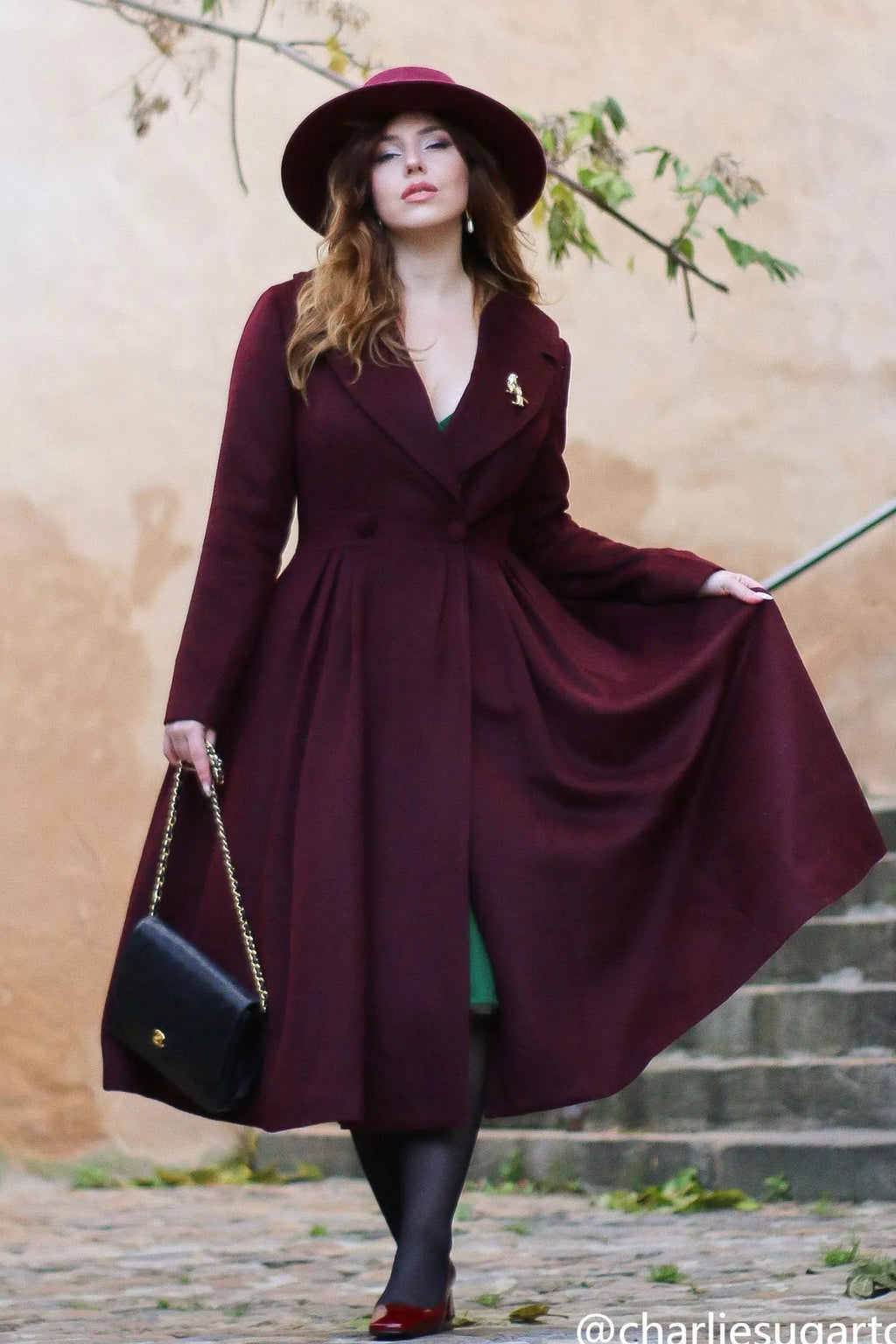 Vintage Princess Wool Coat – Elegant Burgundy Fit & Flare Maxi Coat 