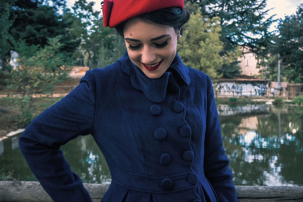 Handmade Navy Wool Coat – Vintage Fit & Flare Winter Princess Overcoat 3187