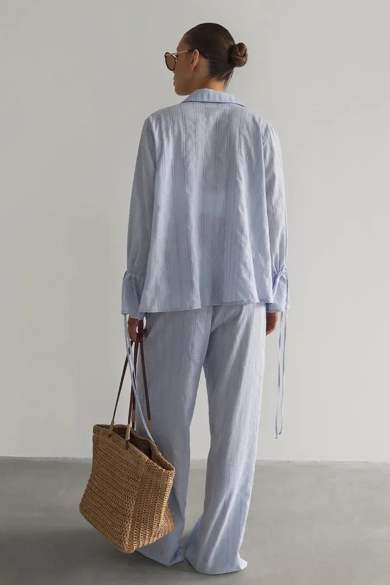 Collared Tie Front Sheer Shirt Pants Set
