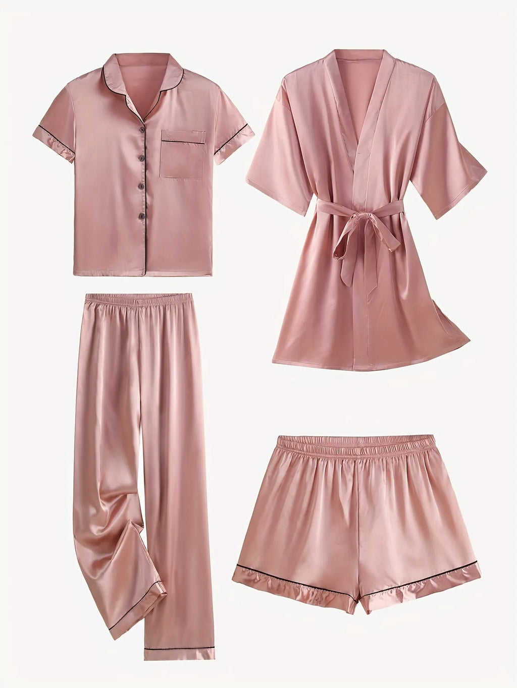 Juliette | 4-Piece Solid Satin Pajama Mid-Sleeve Robe Set