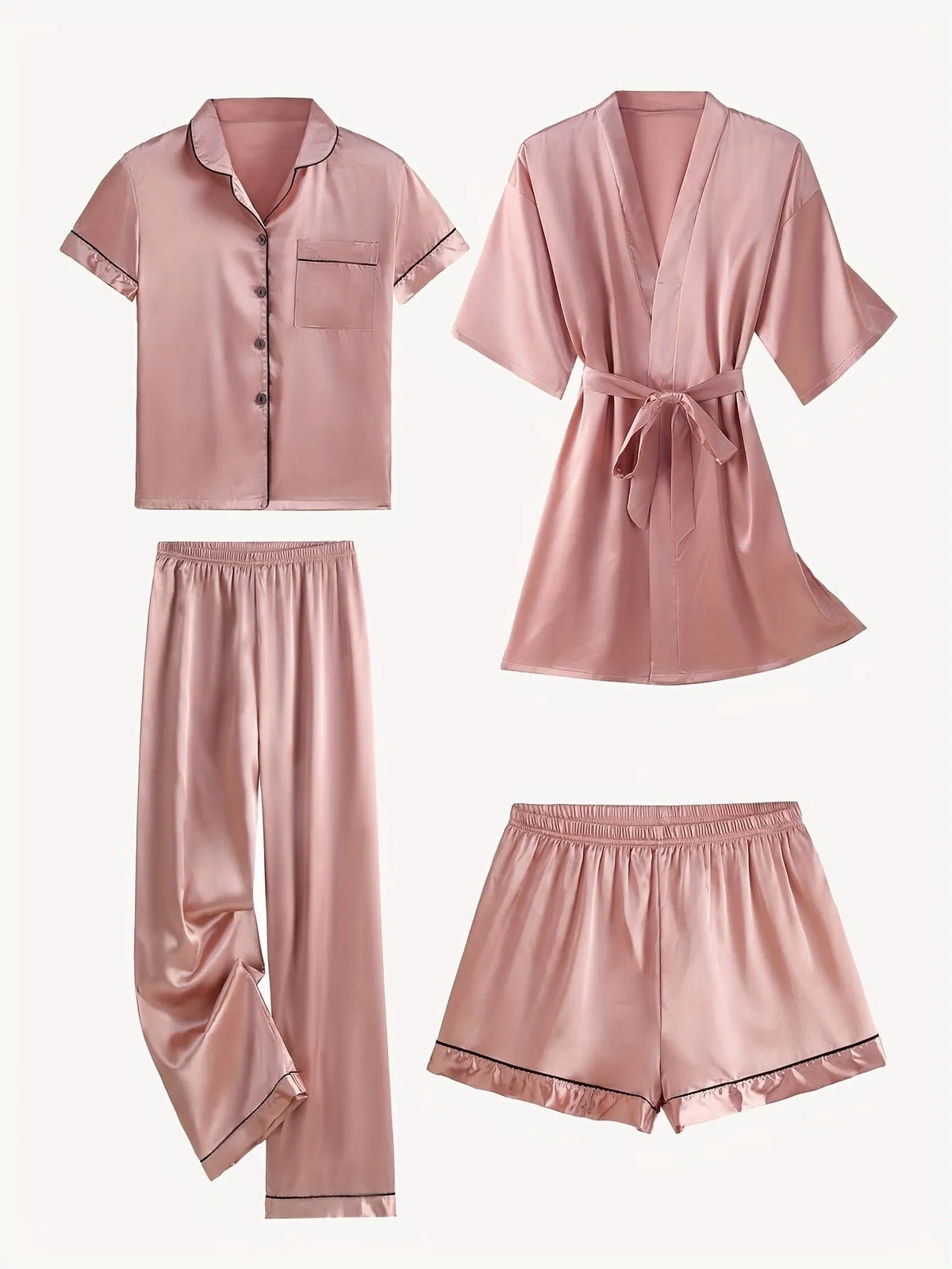 Juliette | 4-Piece Solid Satin Pajama Mid-Sleeve Robe Set