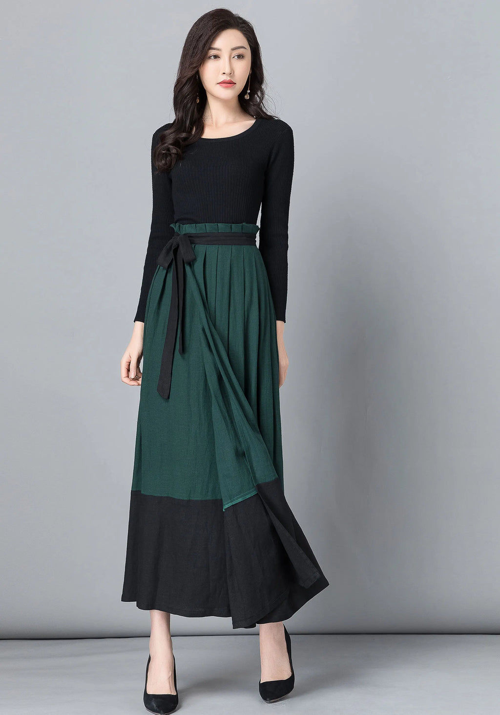 Handmade Wool Wrap Maxi Skirt – Dark Green & Black Color-Block 