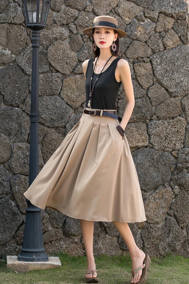 Navy Linen-Cotton A-Line Midi Skirt - Pleated High Waist with Pockets 2776