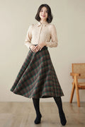 Brown Wool Midi Skirt - High-Waisted A-Line Plaid 4623