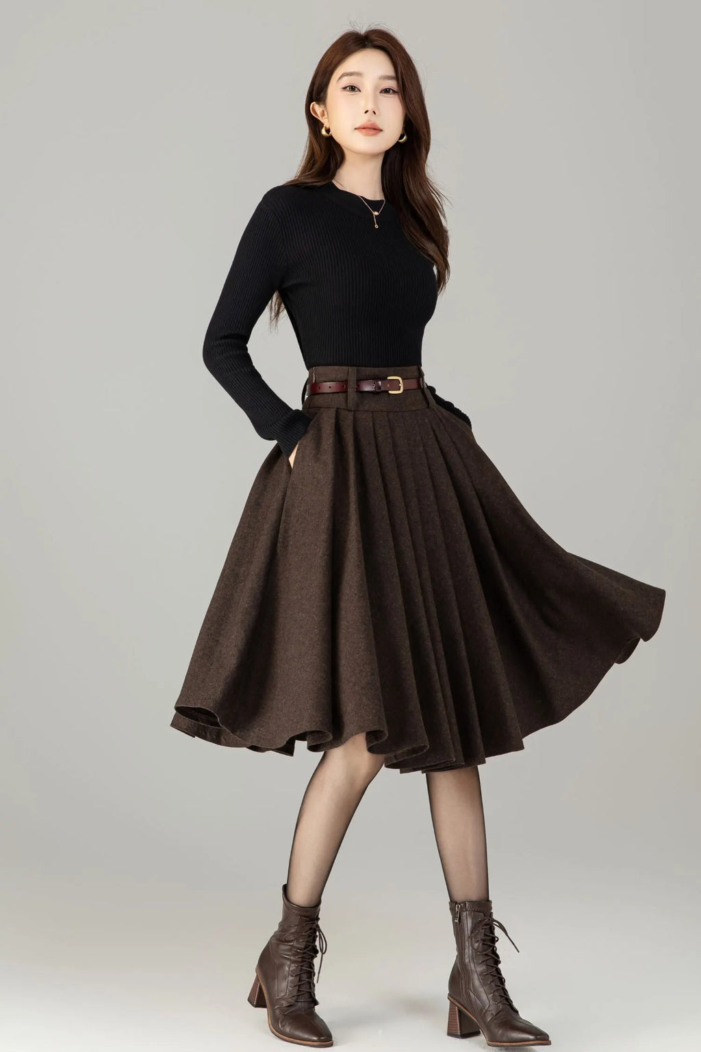 Vintage Wool Blend Circle Skirt – Handmade Knee Length Winter Skirt with Pockets 
