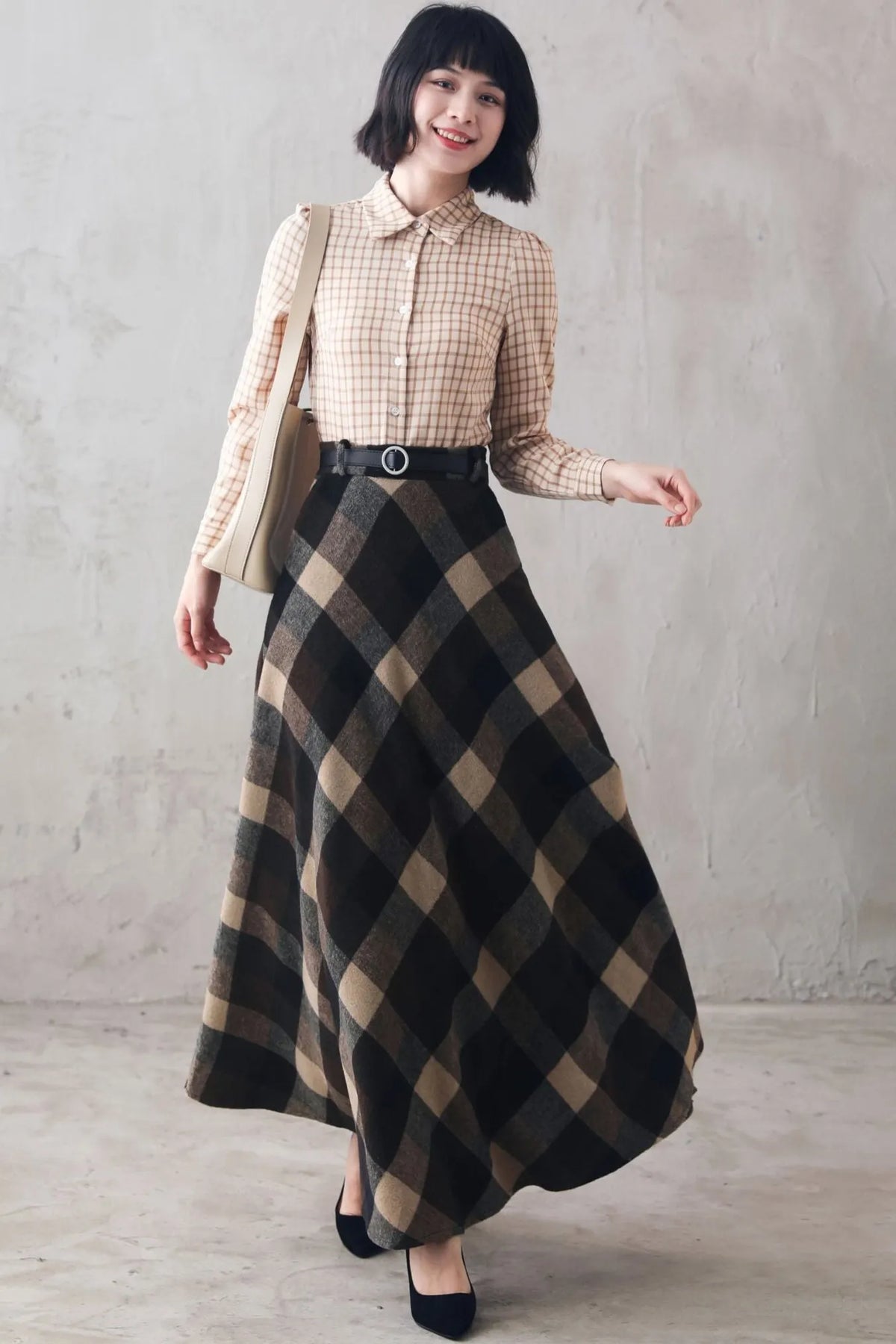 Plaid Wool Maxi Skirt – High Waist Vintage Winter Skirt Handmade 3108