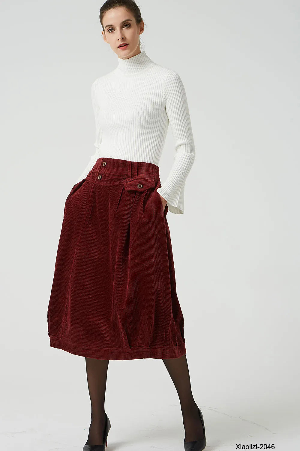 Wine Red Corduroy Bubble Skirt - Elastic Waistband, Pockets 2046