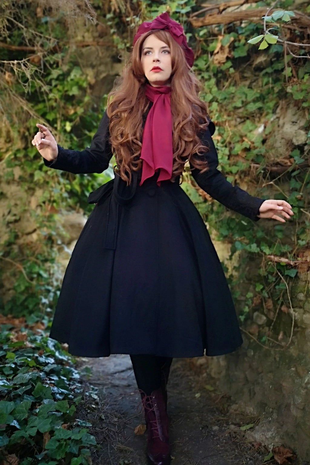 Black Wool Blend Swing Coat - Hooded Lace Trim 