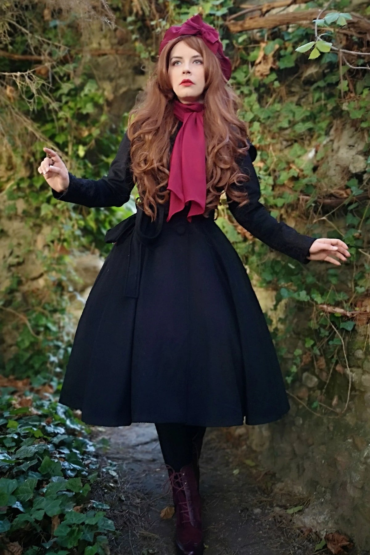 Black Wool Blend Swing Coat - Hooded Lace Trim 