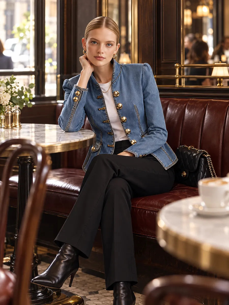 Retro Denim Stand Collar Military Jacket