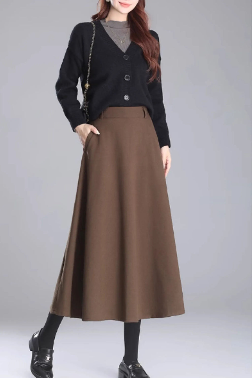 Brown Wool Midi A-Line Skirt with Pockets - Cozy Winter Style 5469