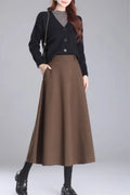Brown Wool Midi A-Line Skirt with Pockets - Cozy Winter Style 5469