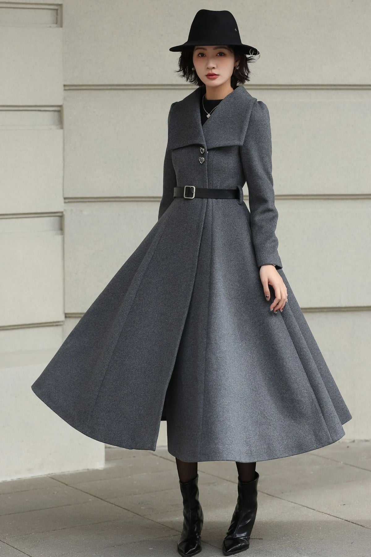 Handmade Vintage Wool Coat – Gray Fit and Flare Belted Midi Winter Coat 6617