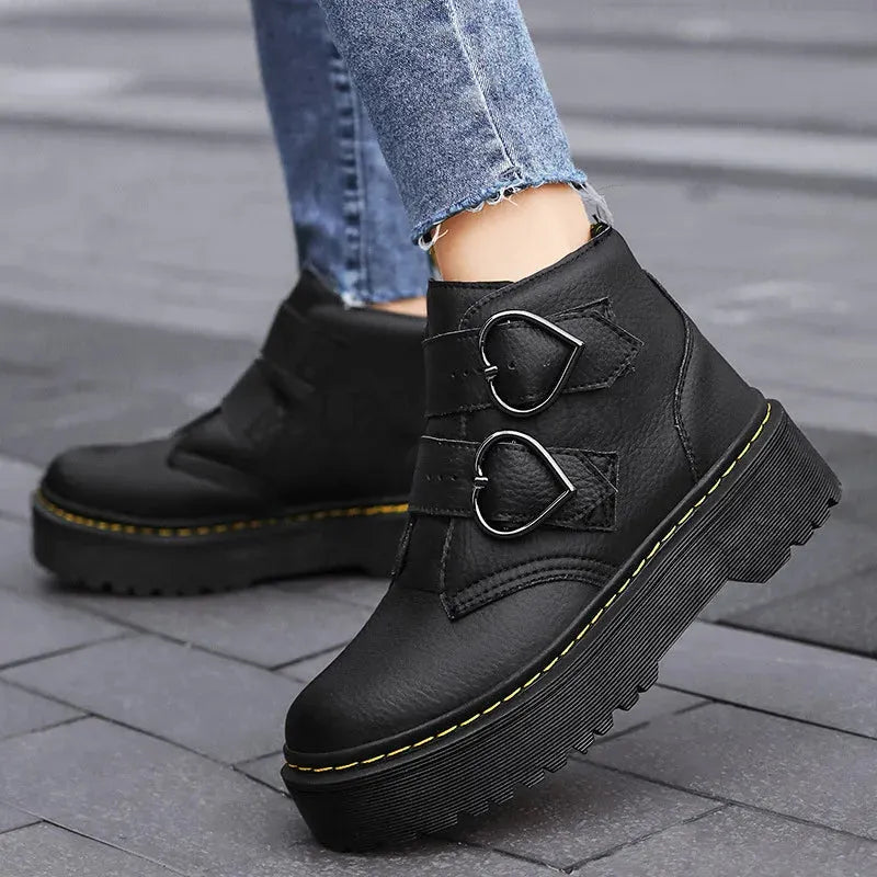 Women's Ankle Boots – Leather, Heart-Shaped Buckles, Casual for Everyday Wear