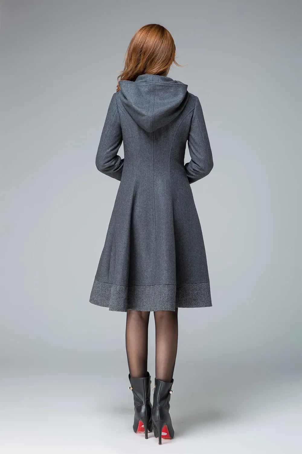 Dark Gray Wool Coat – Handmade Hooded A-line Winter Coat with Plaid Trim 
