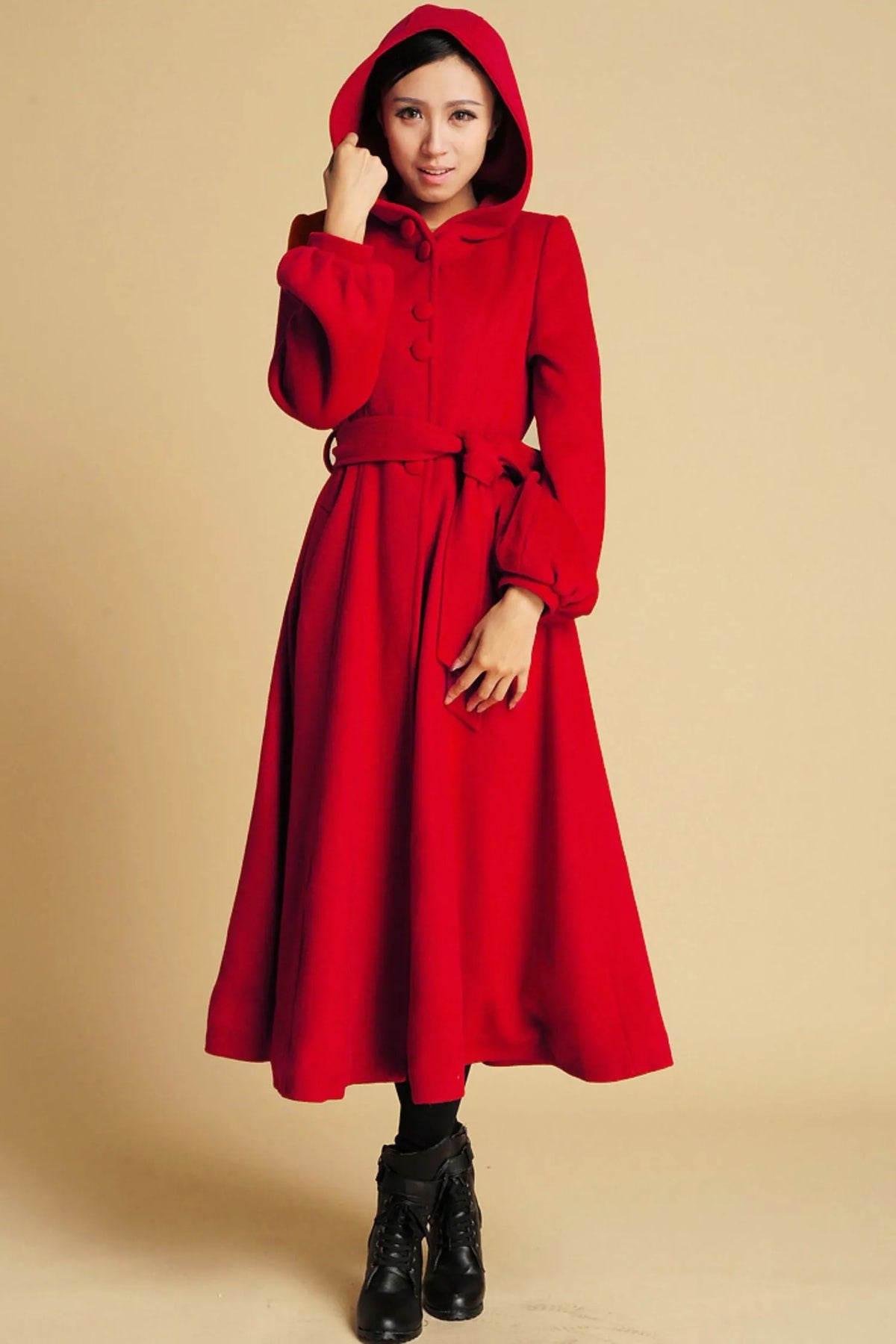 Red Wool Hooded Swing Coat – Vintage Fit & Flare Winter Overcoat with Belt 0394