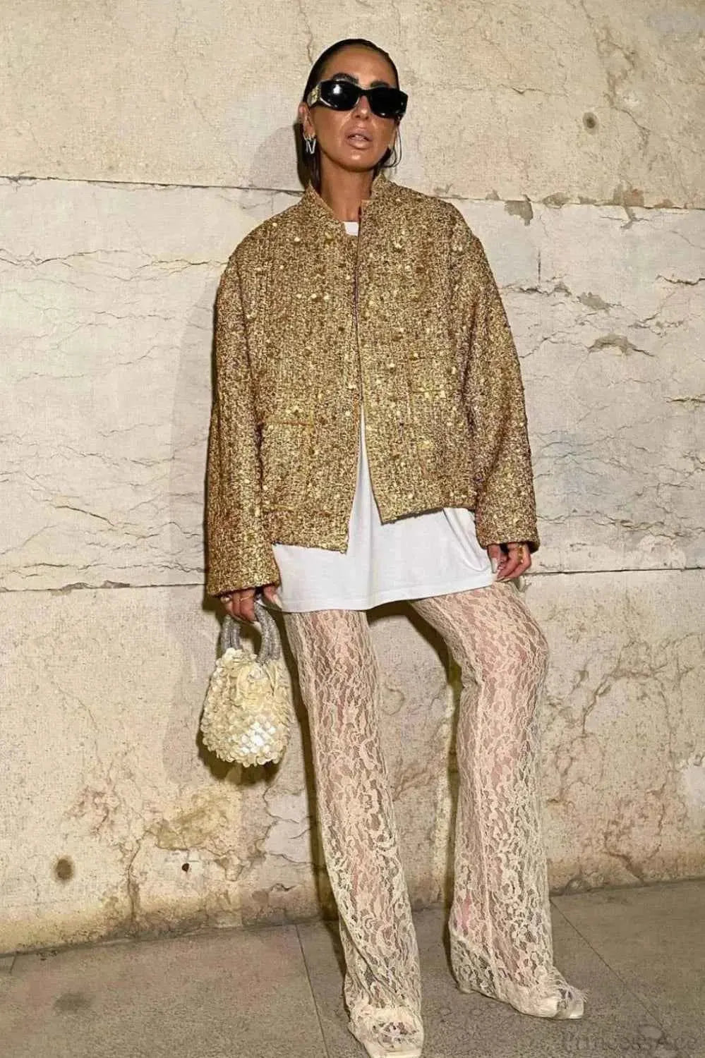 Sequin Coat with Stand Collar and Flap Pockets