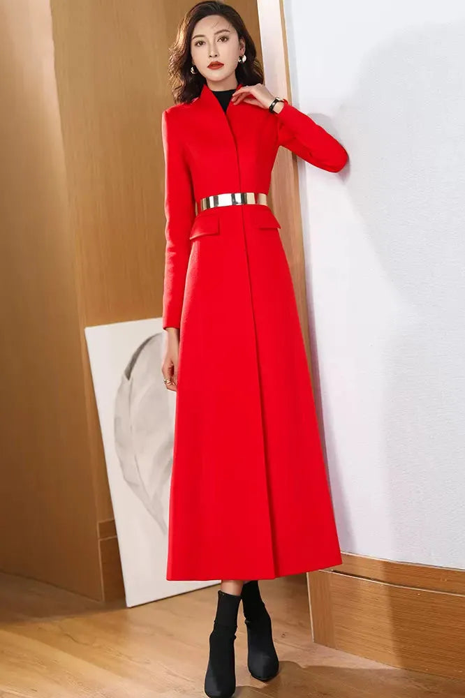 Red Wool Coat – Handmade Long Button Front Fit & Flare Winter Overcoat for Women 3972
