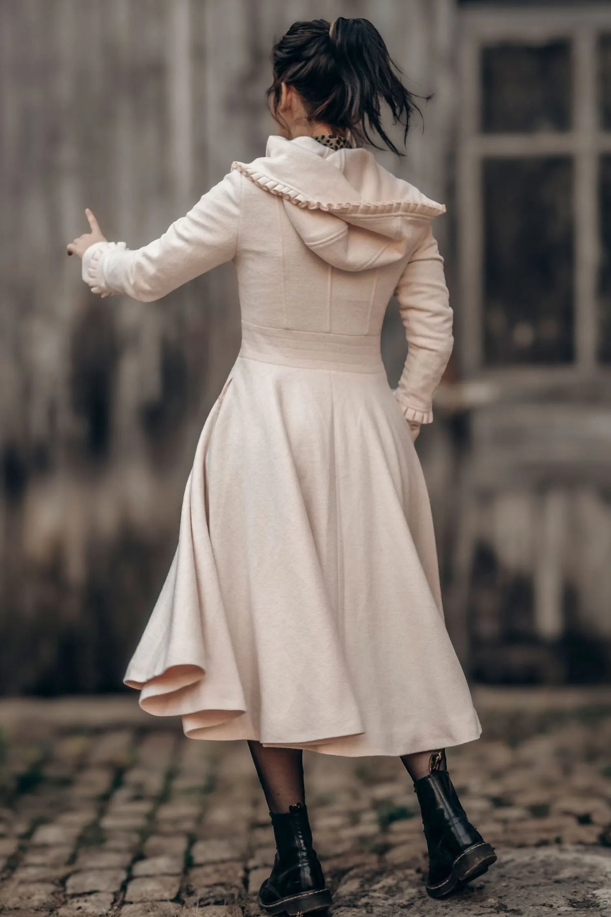 Handmade Pink Wool Coat – Hooded Fit & Flare Winter Swing Overcoat 