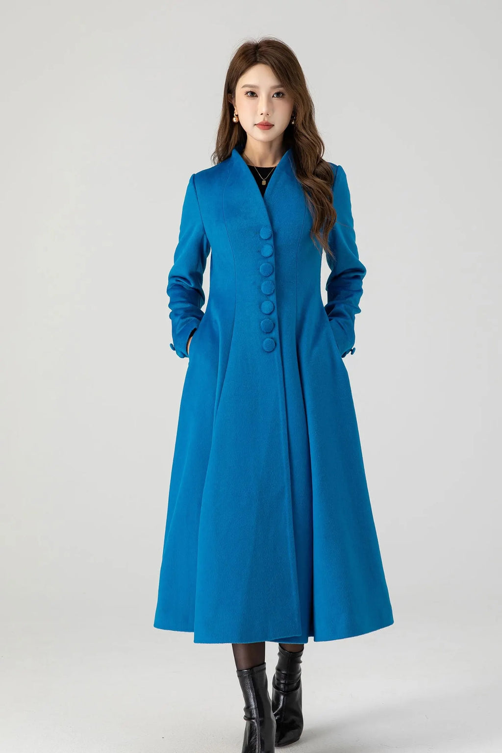 Blue Wool Swing Midi Coat - Double-Breasted Elegant Fit 4602