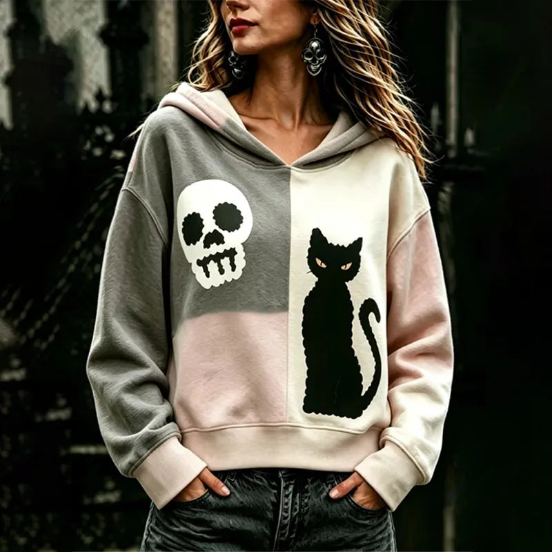 Women's Halloween Skeleton Cat Colorblock Long Sleeve Sweatshirt