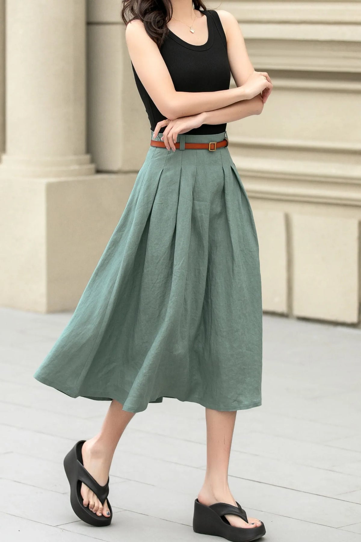 Green Linen Cotton Pleated Midi Skirt - A-Line Silhouette 4958