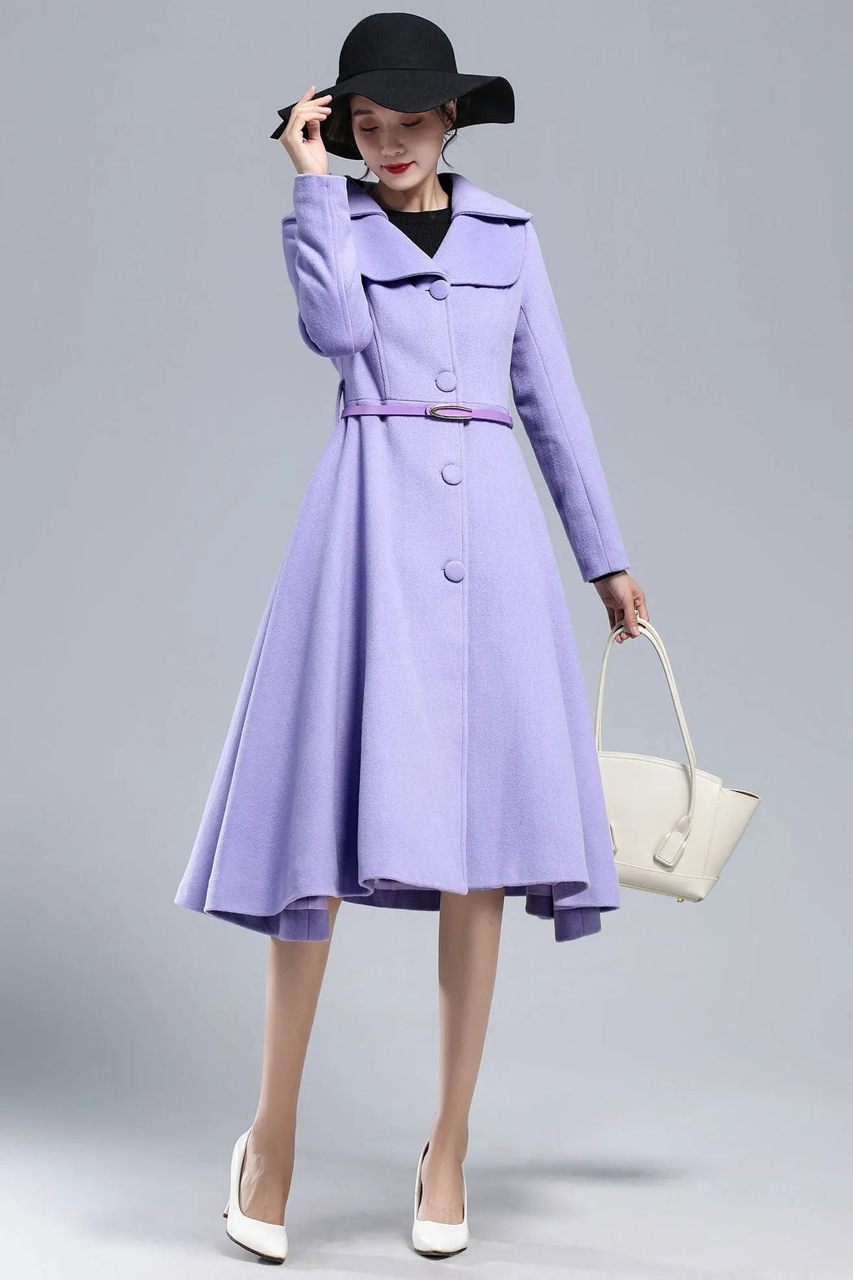 Xiaolizi Purple Wool Coat for Women – Handmade Vintage Fit-and-Flare Winter Overcoat with Double-Folded Lapel Collar 316