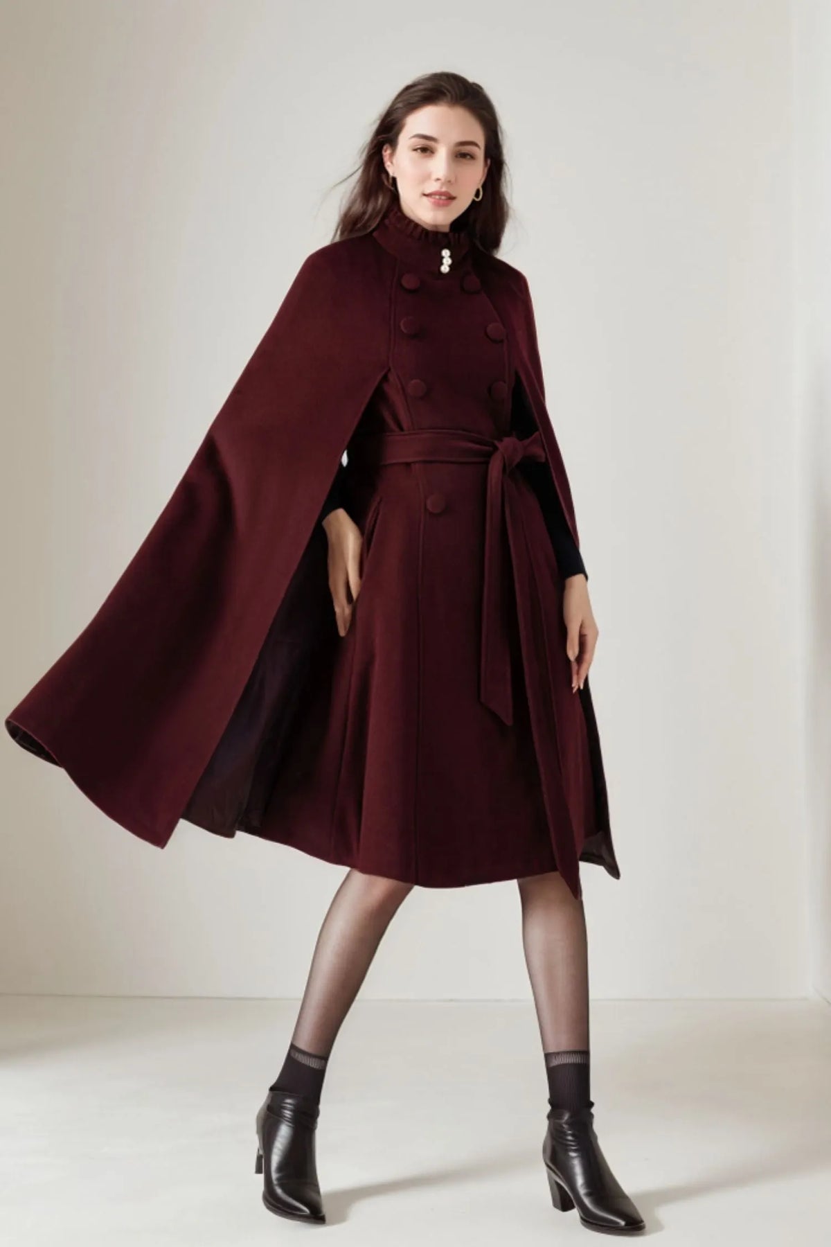 Burgundy Wool Cape Coat – Women’s Vintage Stand Collar Cloak with Belt 5245