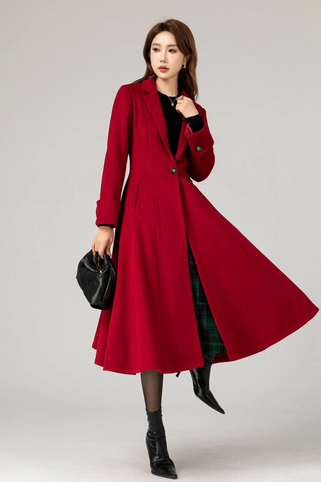 Red Wool Princess Coat - Fitted Waist, Flared Silhouette 5480