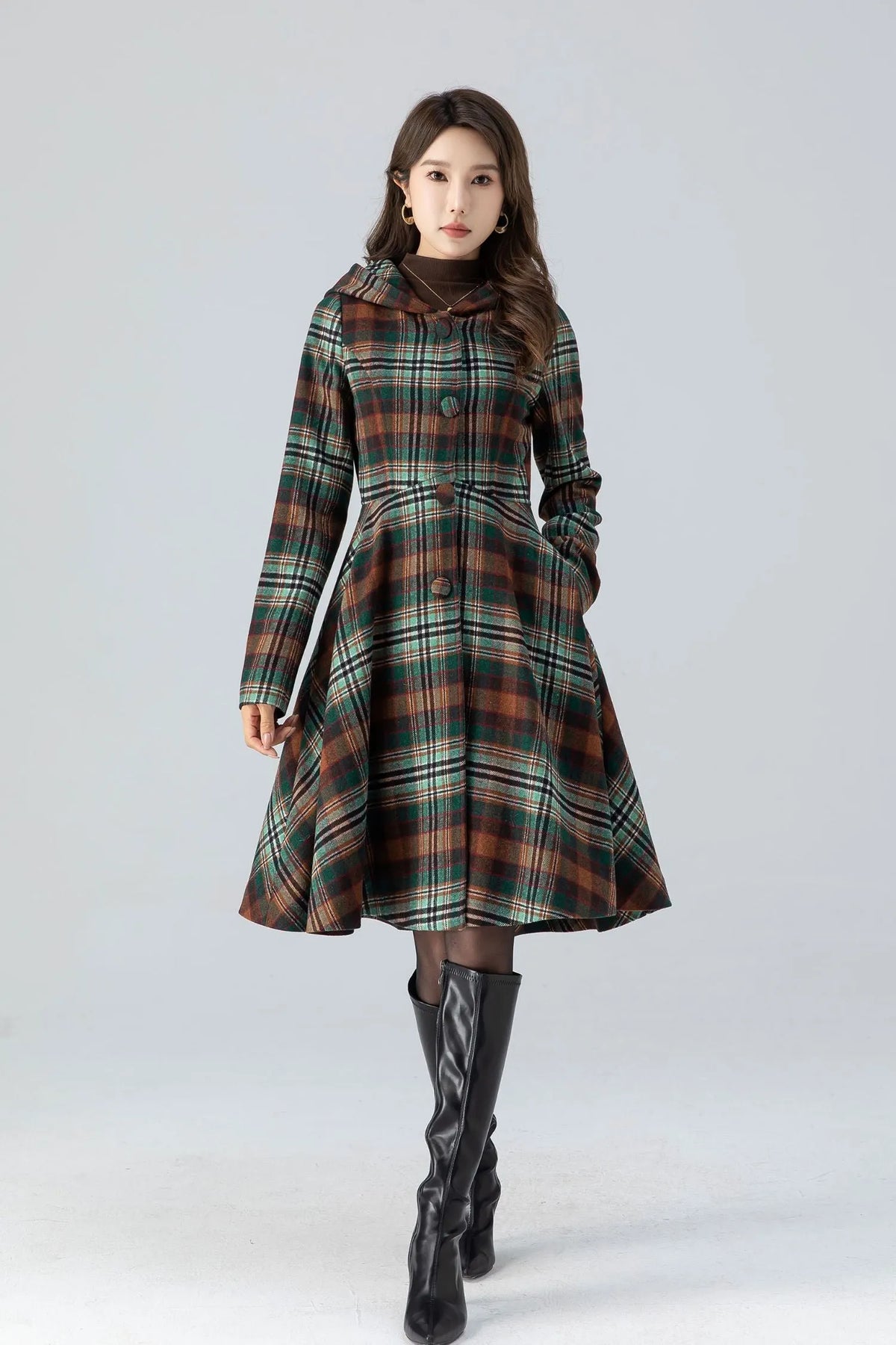 Plaid Wool Coat Midi Dress - Hooded Fit and Flare Winter Outerwear 4784