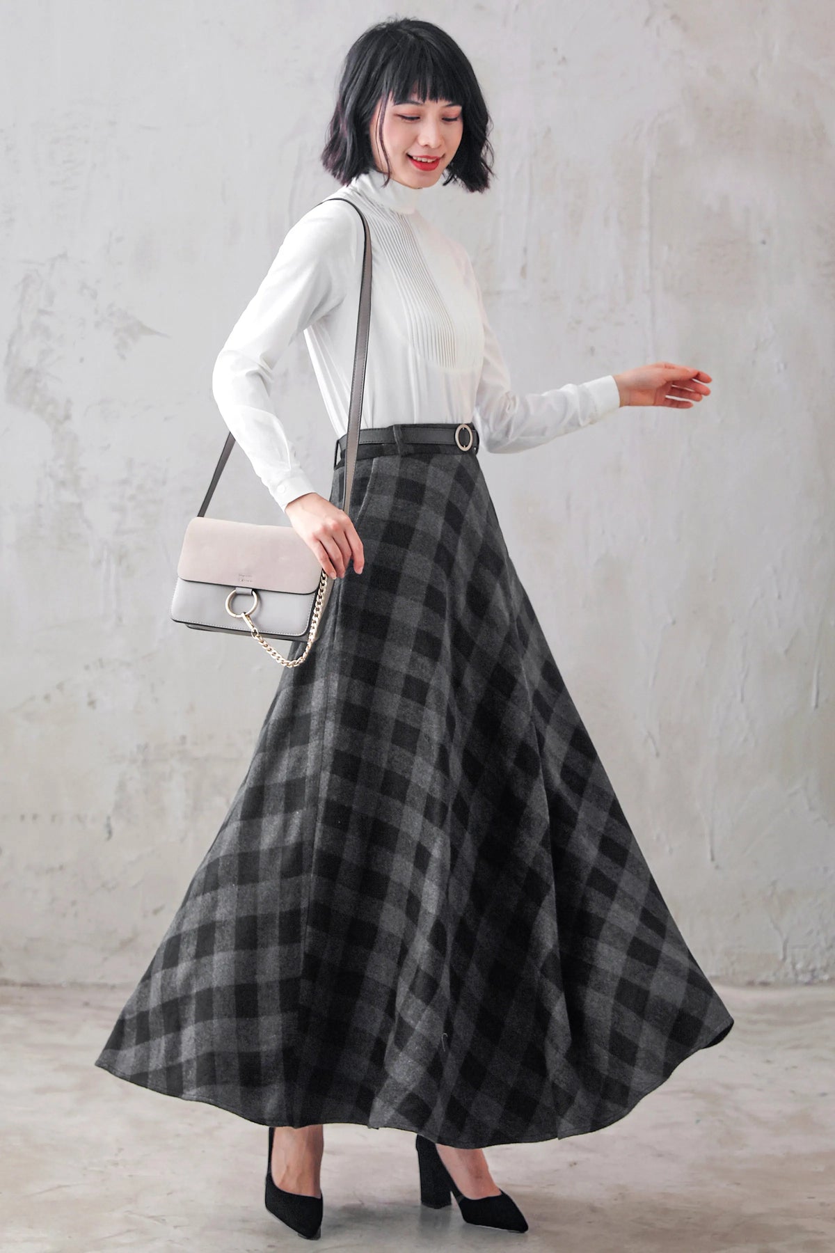 Plaid Wool Maxi Skirt - A-Line Flared Satin Lined 