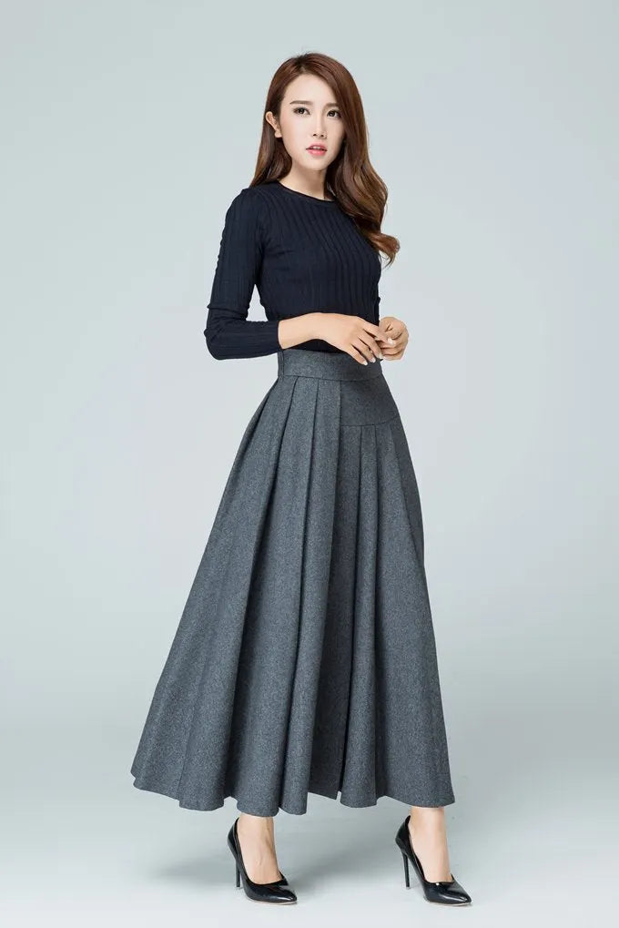 Grey Wool Blend Maxi Skirt – Handmade High Waist Pleated Winter Elegance 1587