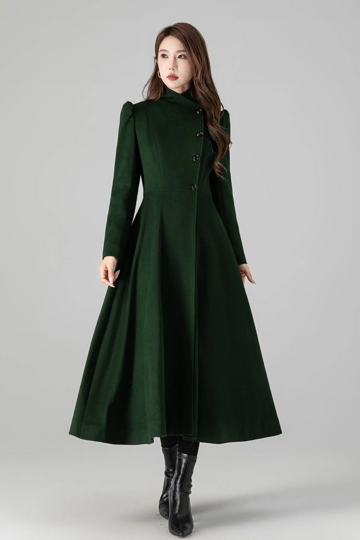 Forest Green Wool Coat - Vintage A-Line Silhouette with Stand Collar 5488