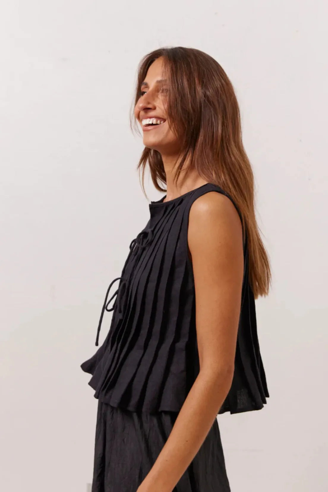 Solid Ruffled Tie Linen Cotton Shirt Tank Top
