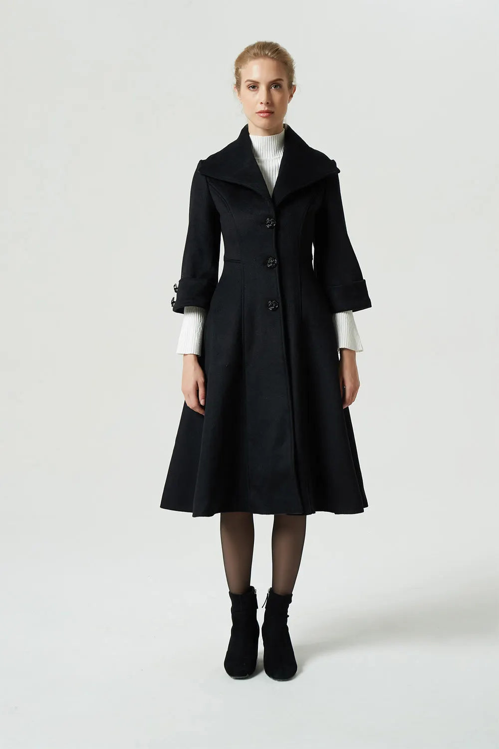Black Wool Winter Coat – Big Lapel Fitted Midi Coat with 3/4 Sleeves 