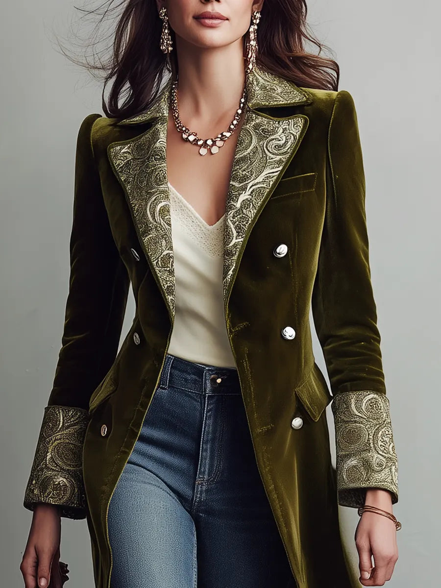 Vintage Olive Paisley Trim Velvet Maxi Coat
