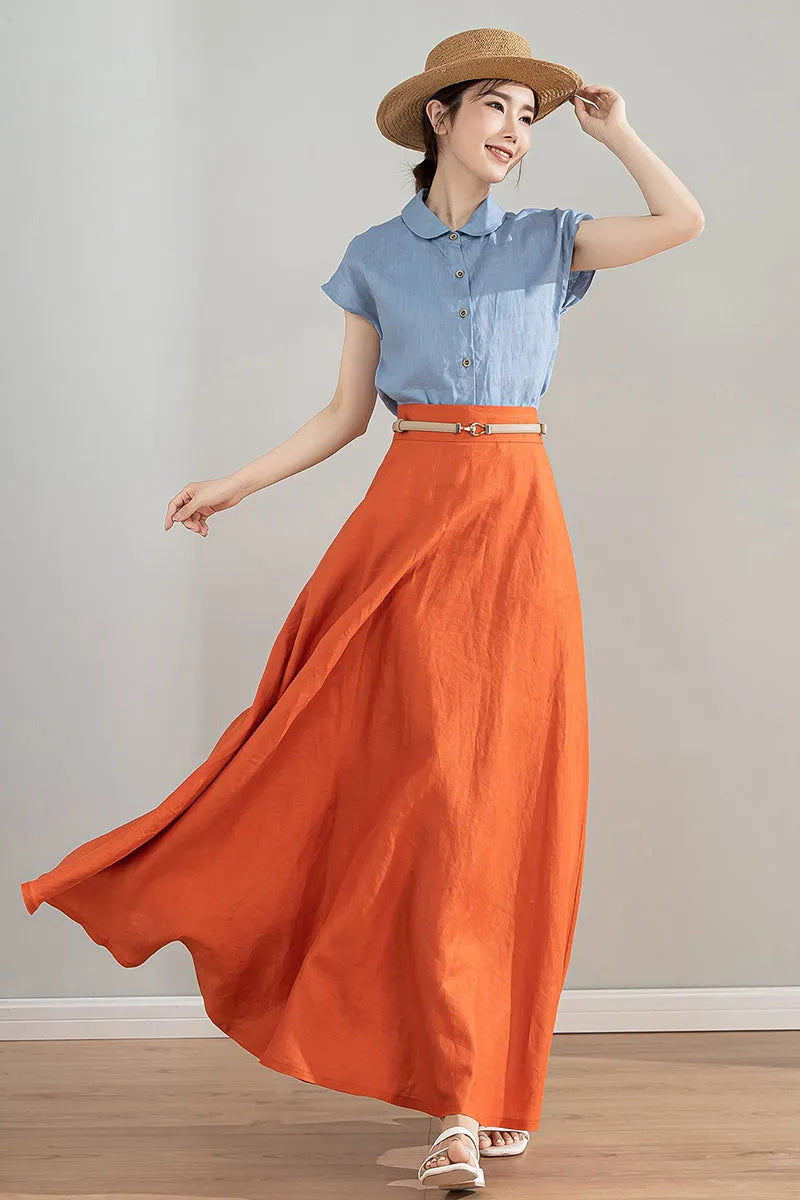 Orange Linen Skirt - High Waisted A-Line Midi Skirt 4215