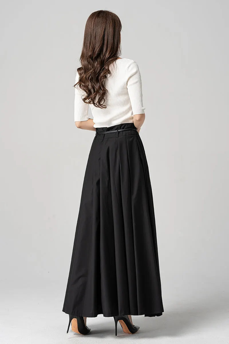 Black Polyester Pleated Maxi Skirt - Flowy Ankle Length 4189