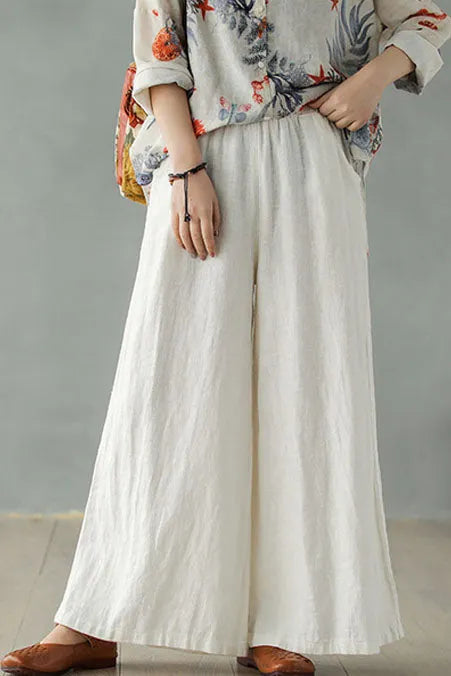 White Linen Blend Palazzo Pants - Elastic Waist, Relaxed Fit 2866