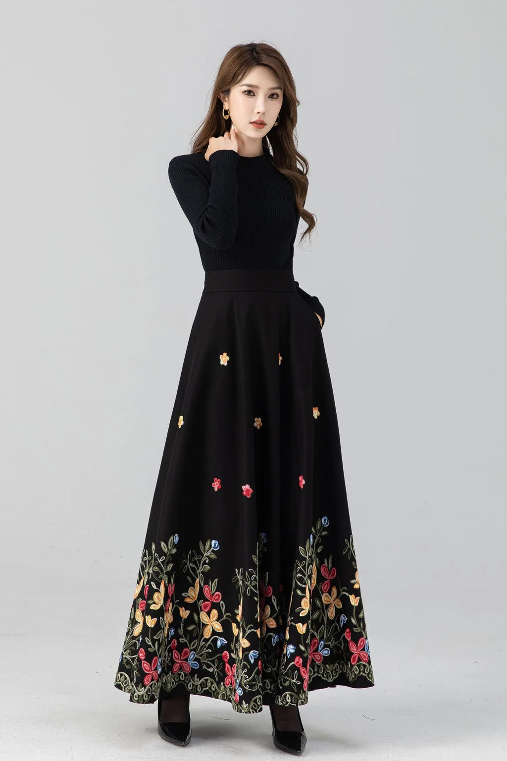Black Wool Maxi Skirt - Embroidered Flared Silhouette 4664